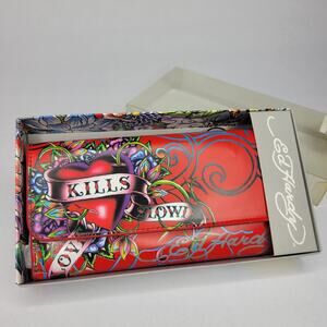 Ed Hardy Love Kills Slowly “Linda Clutch” Red Tri-Fold Wallet Vintage Y2K 2000's